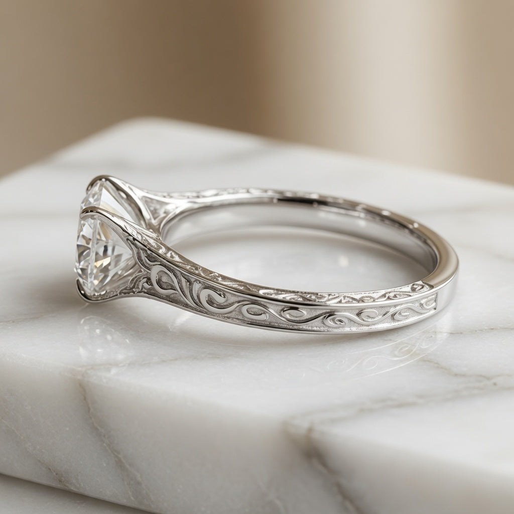 1.50 CT Vintage East West Oval Lab-Grown Diamond Engagement Ring in 14K White Gold – Custom Filigree Engraved Claw Prong Design