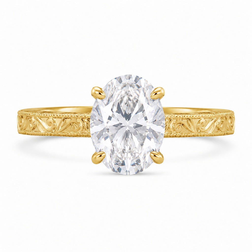 4.00 CT Oval Cut Lab-Grown Diamond Engagement Ring in 14K White Gold – Engraved Victorian Hidden Halo Design