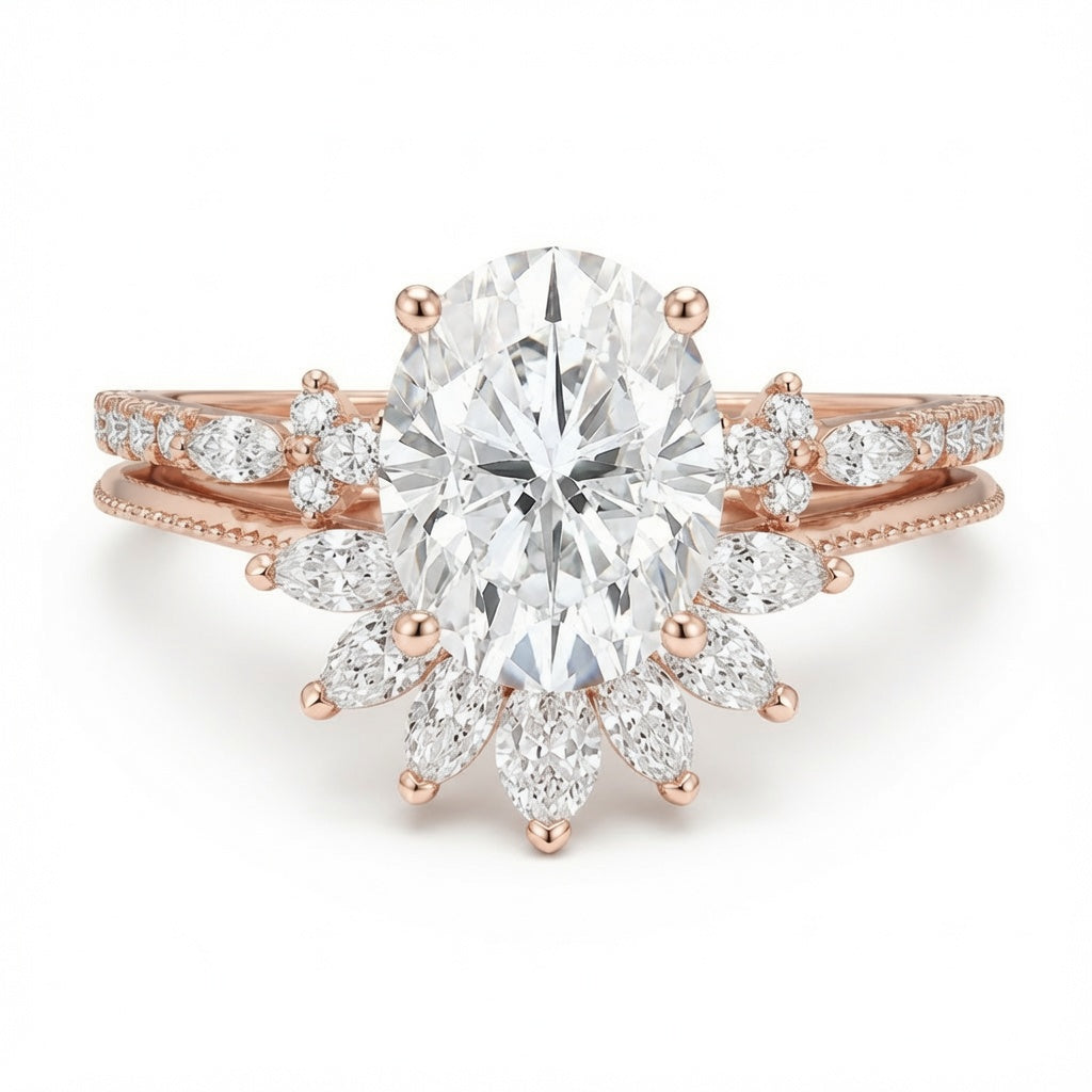 3.00 CT Oval Lab-Grown Diamond 2PCS Bridal Set in 14K White Gold – Vintage Cluster Wedding Ring Design