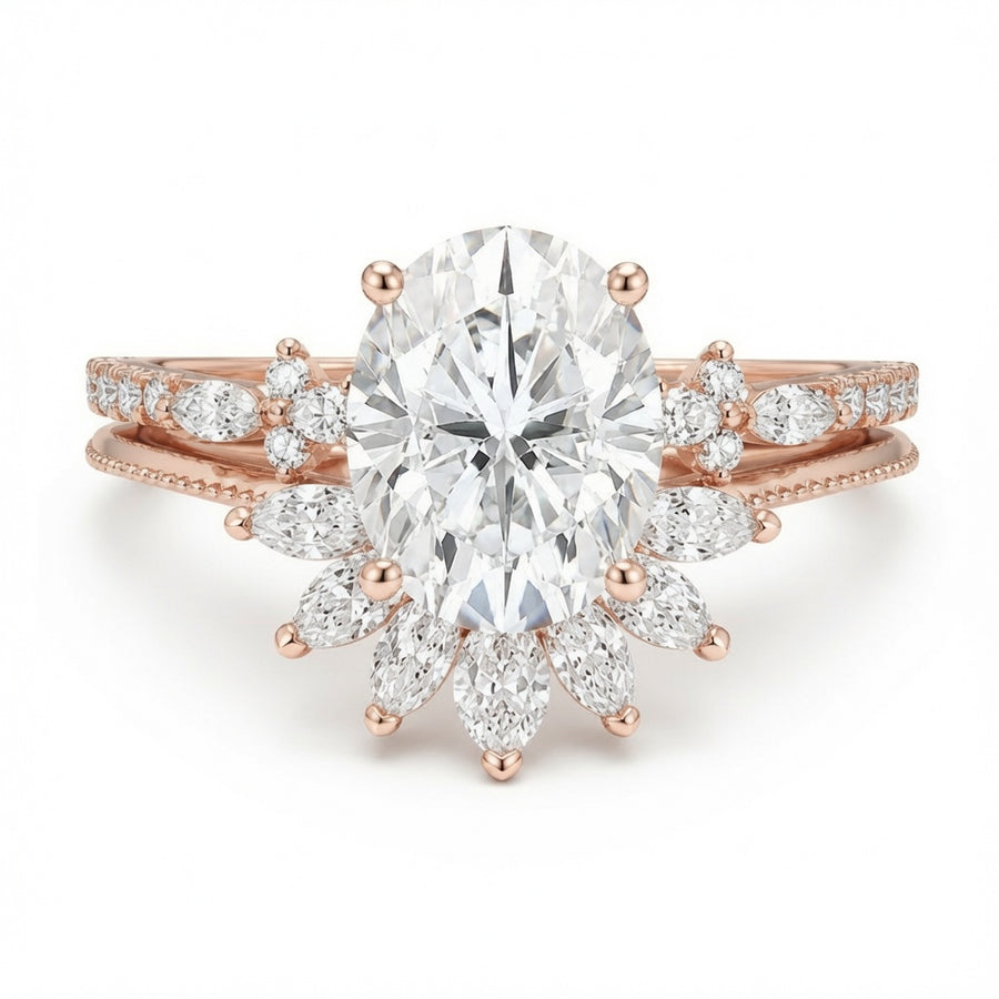 3.00 CT Oval Lab-Grown Diamond 2PCS Bridal Set in 14K White Gold – Vintage Cluster Wedding Ring Design