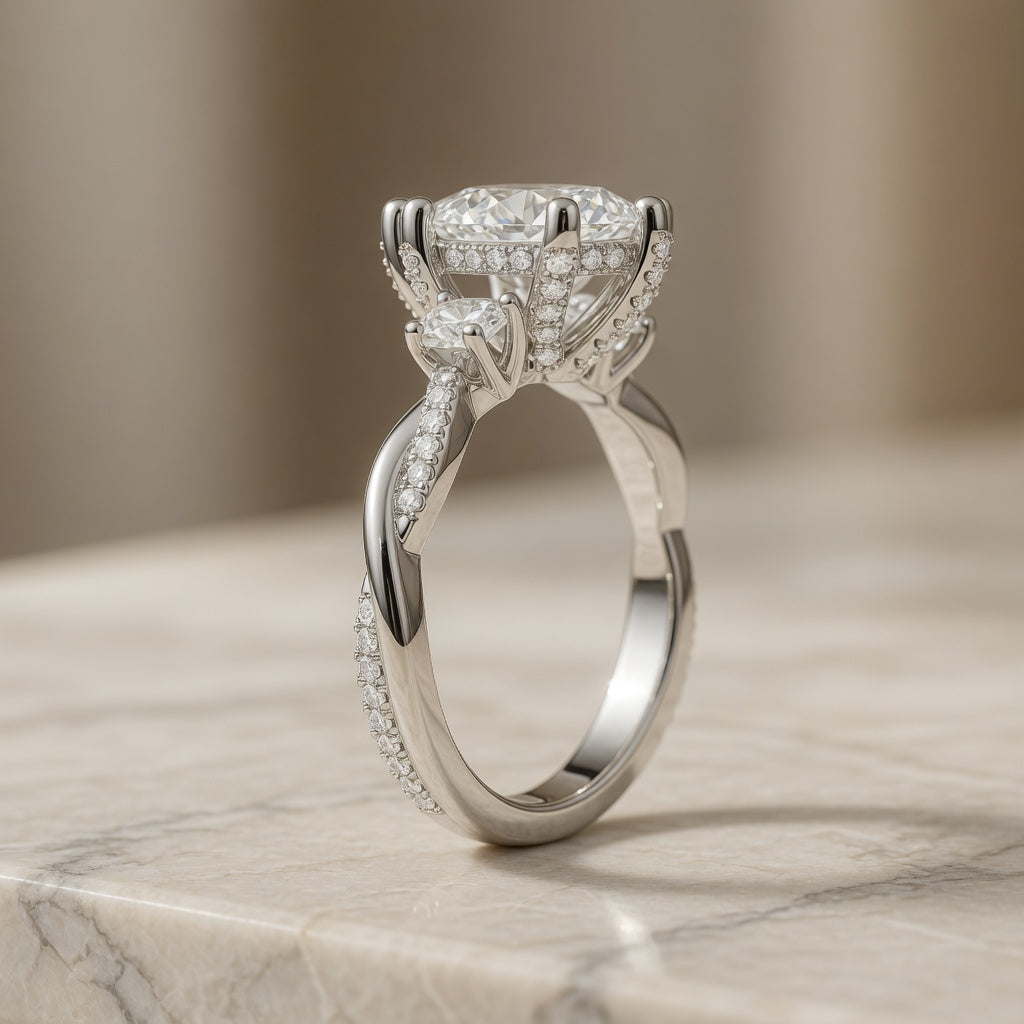 3.00 CT Pear Lab-Grown Diamond Hidden Halo Three Stone Engagement Ring in 14K White Gold – Petite Twisted Vine Design