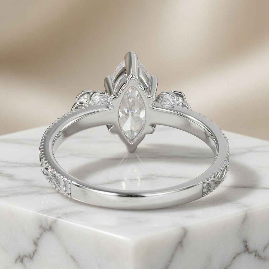 3.00 CT Vintage Marquise Cut Lab-Grown Diamond Engagement Ring in 14K White Gold – Milgrain Filigree Floral Vine Design