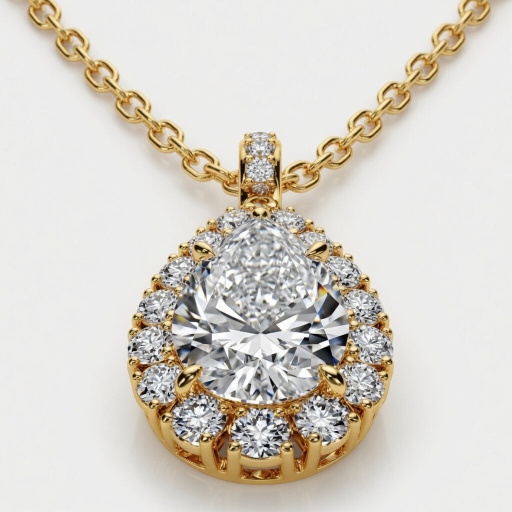 2.00 Carat Pear Cut Lab-Grown Diamond Halo Pendant VS1 D-F 14K White Gold with Adjustable Chain