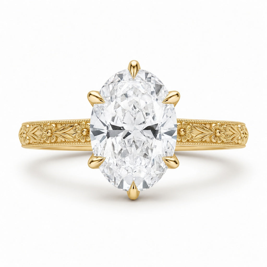 2.50 CT Oval Lab-Grown Diamond Engagement Ring in 14K White Gold – Vintage Floral Cluster Design with Marquise Side Stones