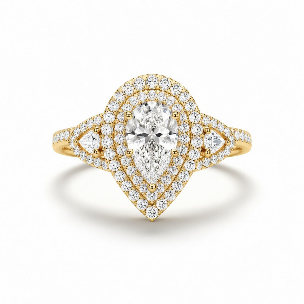 2.00 CT Pear Cut Lab-Grown Diamond Double Halo Engagement Ring in 14K White Gold – Stackable Comfort Fit Bridal Design