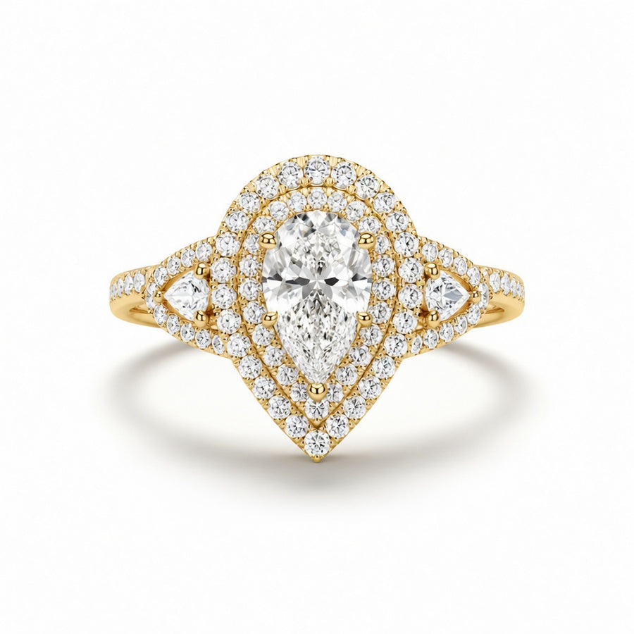 2.00 CT Pear Cut Lab-Grown Diamond Double Halo Engagement Ring in 14K White Gold – Stackable Comfort Fit Bridal Design