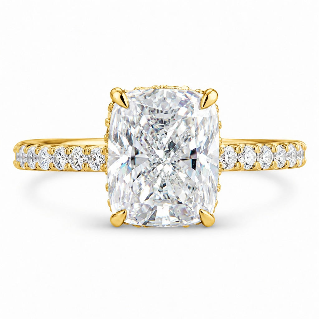 3.08 CT Cushion Cut Lab-Grown Diamond Hidden Halo Engagement Ring in 14K White Gold – Ice Crushed Bridal Design