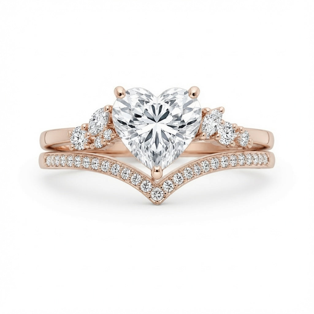 2.50 CT Heart Cut Lab-Grown Diamond 2PCS Bridal Set in 14K White Gold – Cluster Engagement Ring with V-Shaped Wedding Band