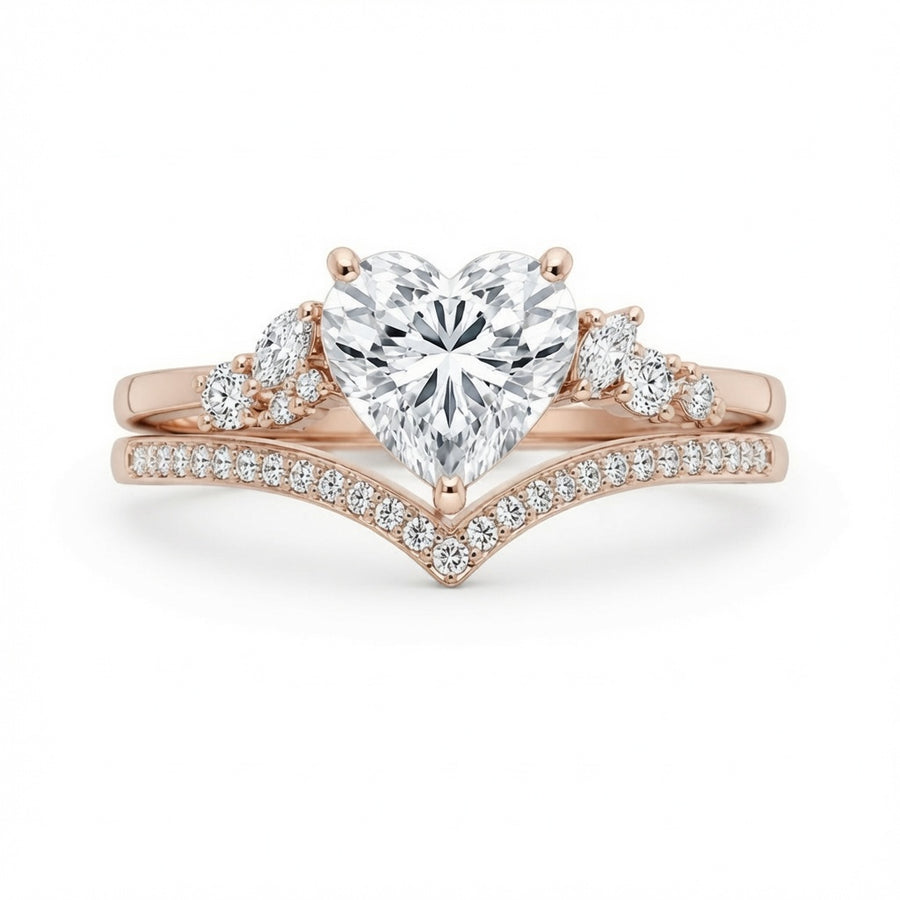 2.50 CT Heart Cut Lab-Grown Diamond 2PCS Bridal Set in 14K White Gold – Cluster Engagement Ring with V-Shaped Wedding Band