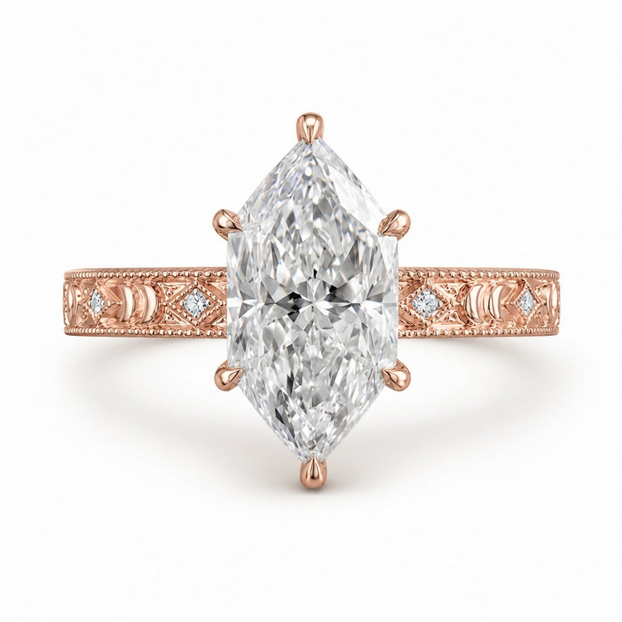 3.00 CT Antique Dutch Marquise Cut Lab-Grown Diamond Engagement Ring in 14K White Gold – Vintage Art Deco Hand-Engraved Design