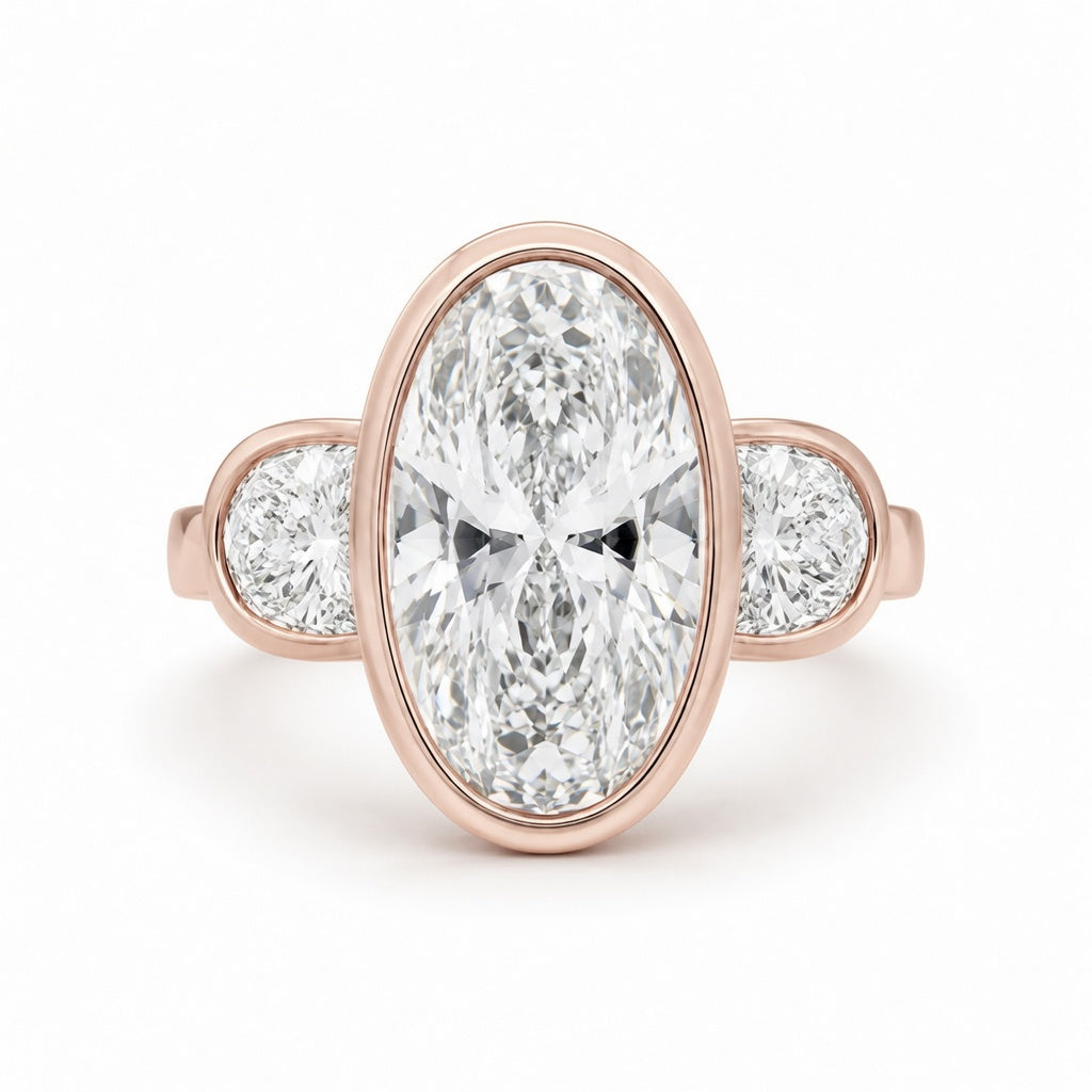 3.50 CT Elongated Oval Cut Lab-Grown Diamond Three-Stone Engagement Ring in 14K White Gold – Full Bezel Trilogy Design