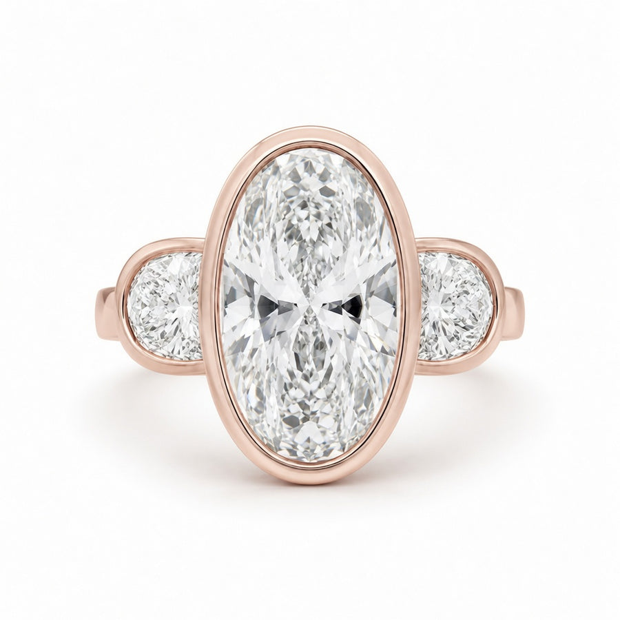 3.50 CT Elongated Oval Cut Lab-Grown Diamond Three-Stone Engagement Ring in 14K White Gold – Full Bezel Trilogy Design