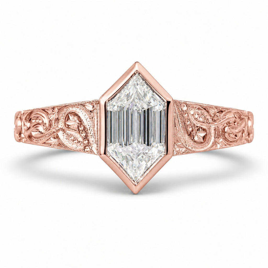 2.00 CT Hexagon Cut Lab-Grown Diamond Engagement Ring in 14K White Gold – Art Deco Hand-Engraved Bezel Design