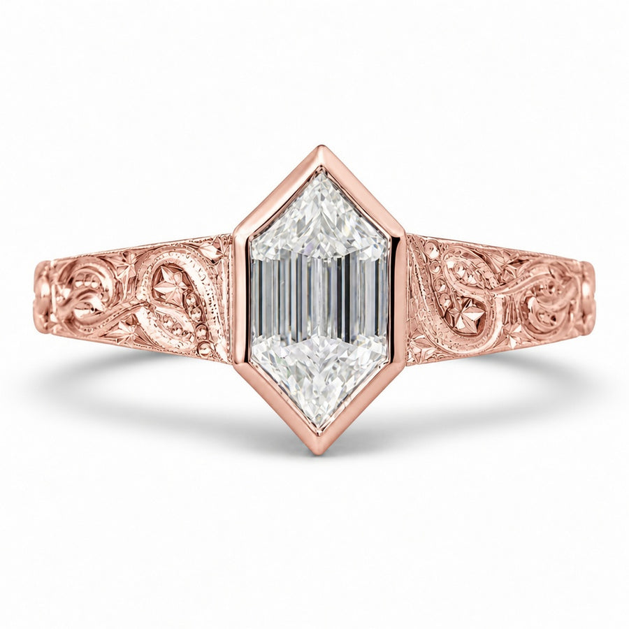 2.00 CT Hexagon Cut Lab-Grown Diamond Engagement Ring in 14K White Gold – Art Deco Hand-Engraved Bezel Design
