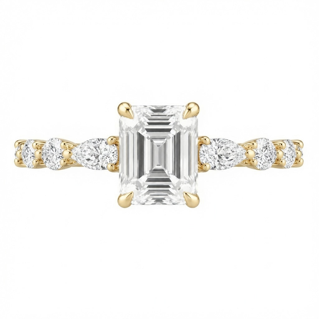 3.00 CT Asscher Cut Lab-Grown Diamond Three Stone Engagement Ring in 14K White Gold – Marquise & Round Side Stone Design