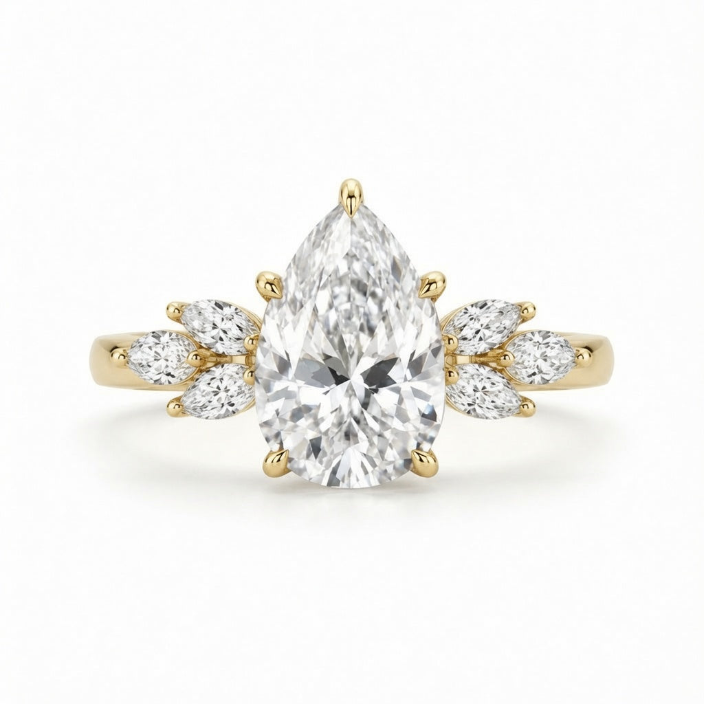 2.50 CT Pear Cut Lab-Grown Diamond Hidden Halo Engagement Ring in 14K White Gold – Marquise Accent Bridal Design
