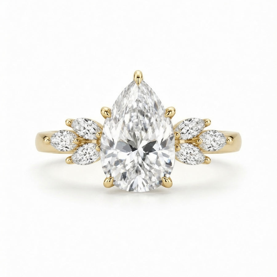 2.50 CT Pear Cut Lab-Grown Diamond Hidden Halo Engagement Ring in 14K White Gold – Marquise Accent Bridal Design
