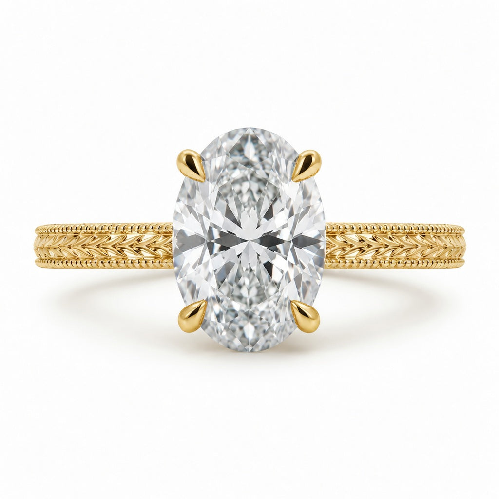 3.00 CT Oval Lab-Grown Diamond Engagement Ring in 14K White Gold – Engraved Art Deco Filigree Hidden Halo Design