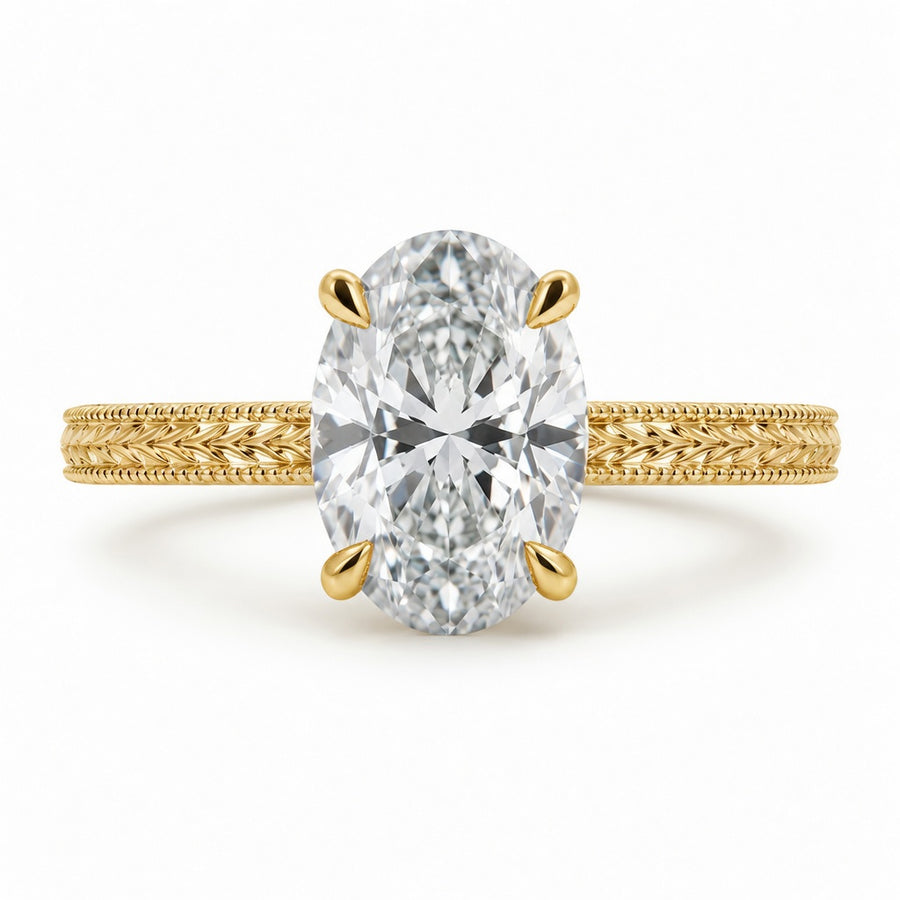 3.00 CT Oval Lab-Grown Diamond Engagement Ring in 14K White Gold – Engraved Art Deco Filigree Hidden Halo Design
