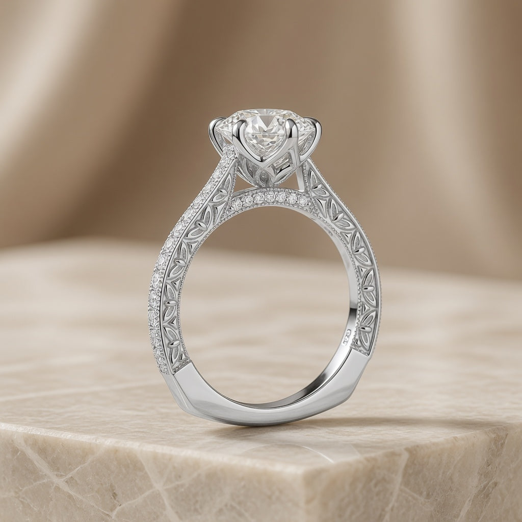 2.50 CT Oval Lab-Grown Diamond Engagement Ring in 14K White Gold – Vintage Floral Cluster Design with Marquise Side Stones