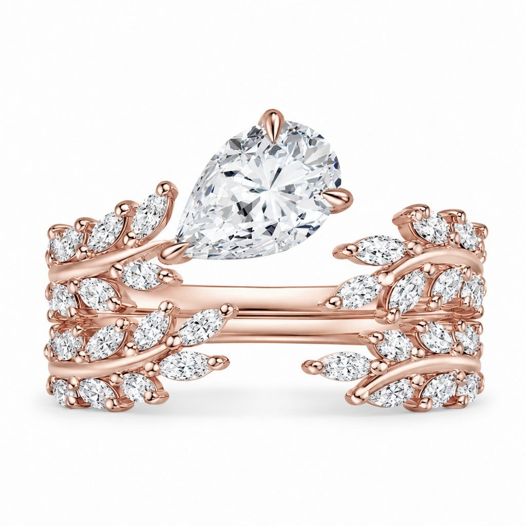 2.00 CT Sweeping Ivy Pear Lab-Grown Diamond 2PCS Bridal Set in 14K White Gold – Nature Inspired Vine Wedding Ring Design