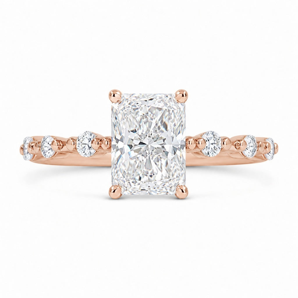 3.00 CT Radiant Cut Lab-Grown Diamond Hidden Halo Engagement Ring in 14K White Gold – Distance Pavé Wedding Band Design