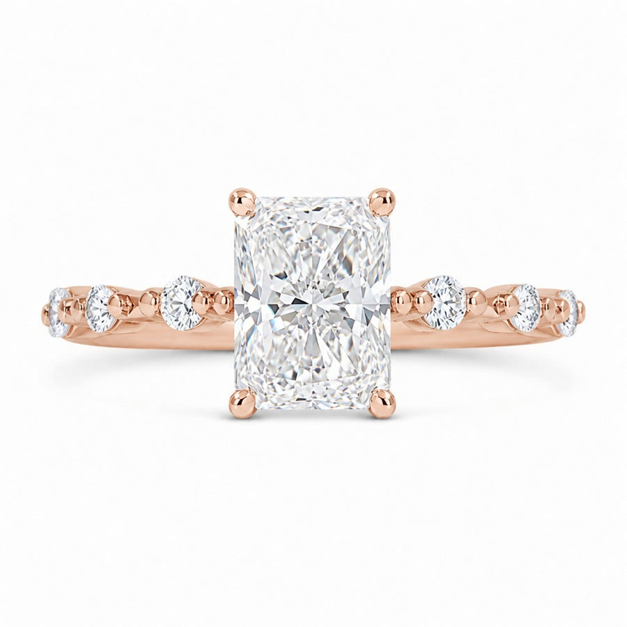 3.00 CT Radiant Cut Lab-Grown Diamond Hidden Halo Engagement Ring in 14K White Gold – Distance Pavé Wedding Band Design