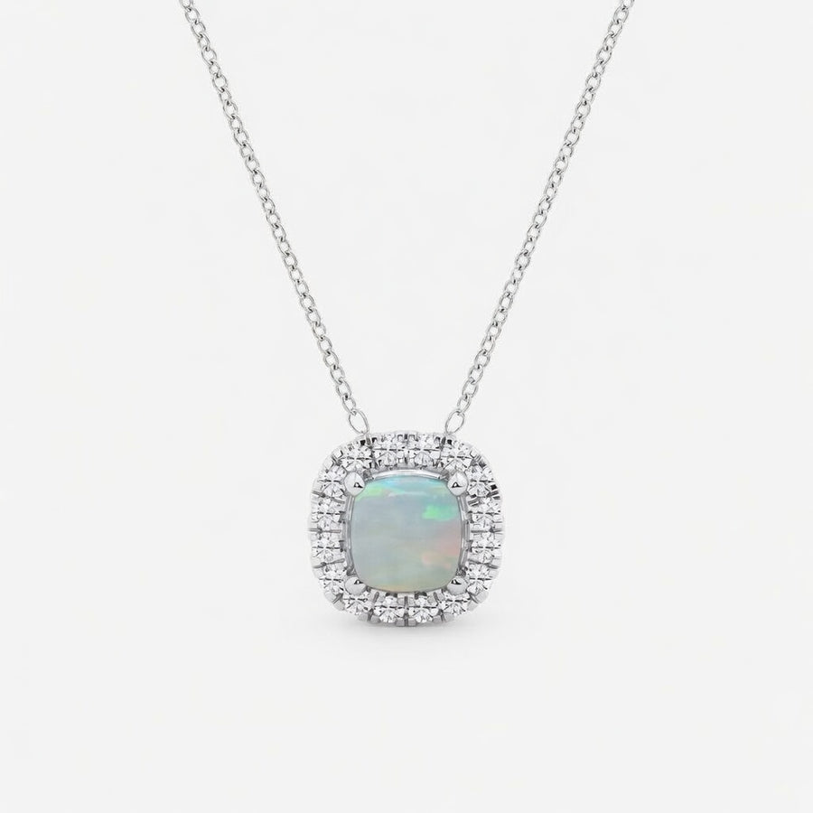 1.00 CTW Cushion Cut Created Opal and Round Lab-Grown Diamond Halo Pendant with Adjustable Chain (D–F / VS1–VS2)