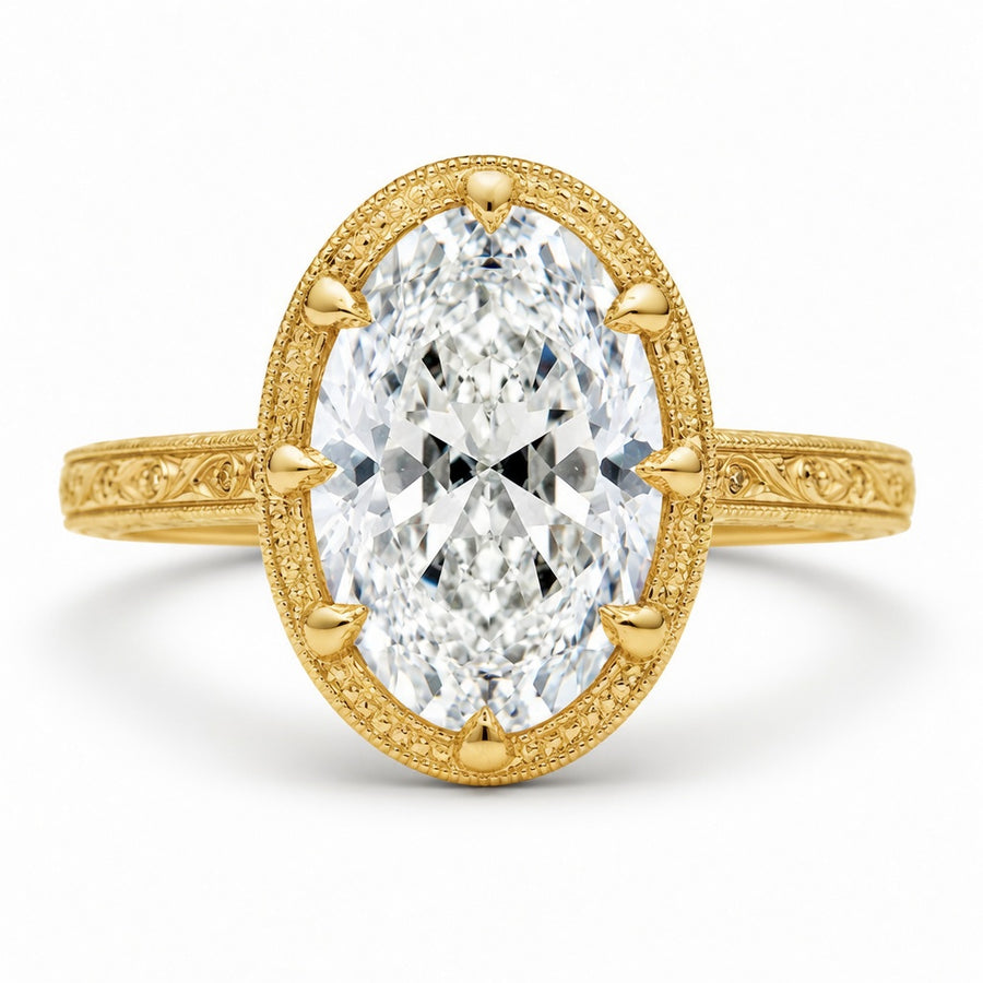 3.01 CT Moval Lab-Grown Diamond Engagement Ring in 14K White Gold – Hand-Engraved Filigree Bridal Design
