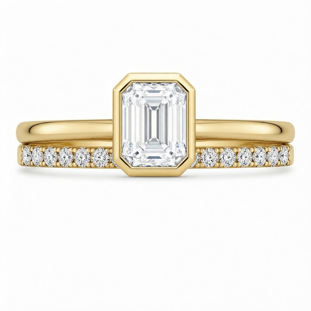 2.00 CT Emerald Cut Lab-Grown Diamond 2PCS Bezel Bridal Set in 14K White Gold – Minimalist Wedding Ring Design