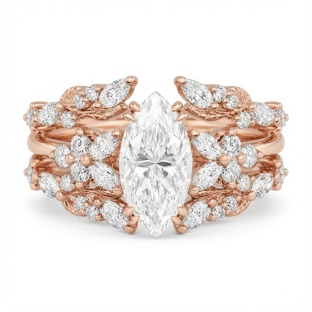 2.30 CT Marquise Lab-Grown Diamond 2PCS Bridal Set in 14K White Gold – Double Enhancer Leaf Fairy Wedding Band Design