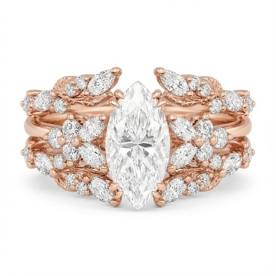 2.30 CT Marquise Lab-Grown Diamond 2PCS Bridal Set in 14K White Gold – Double Enhancer Leaf Fairy Wedding Band Design