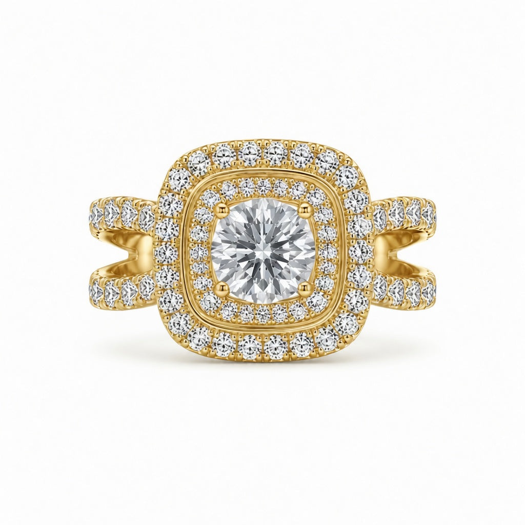 2.00 CT Round Cut Lab-Grown Diamond Double Halo Engagement Ring in 14K White Gold – Split Shank Bridal Design