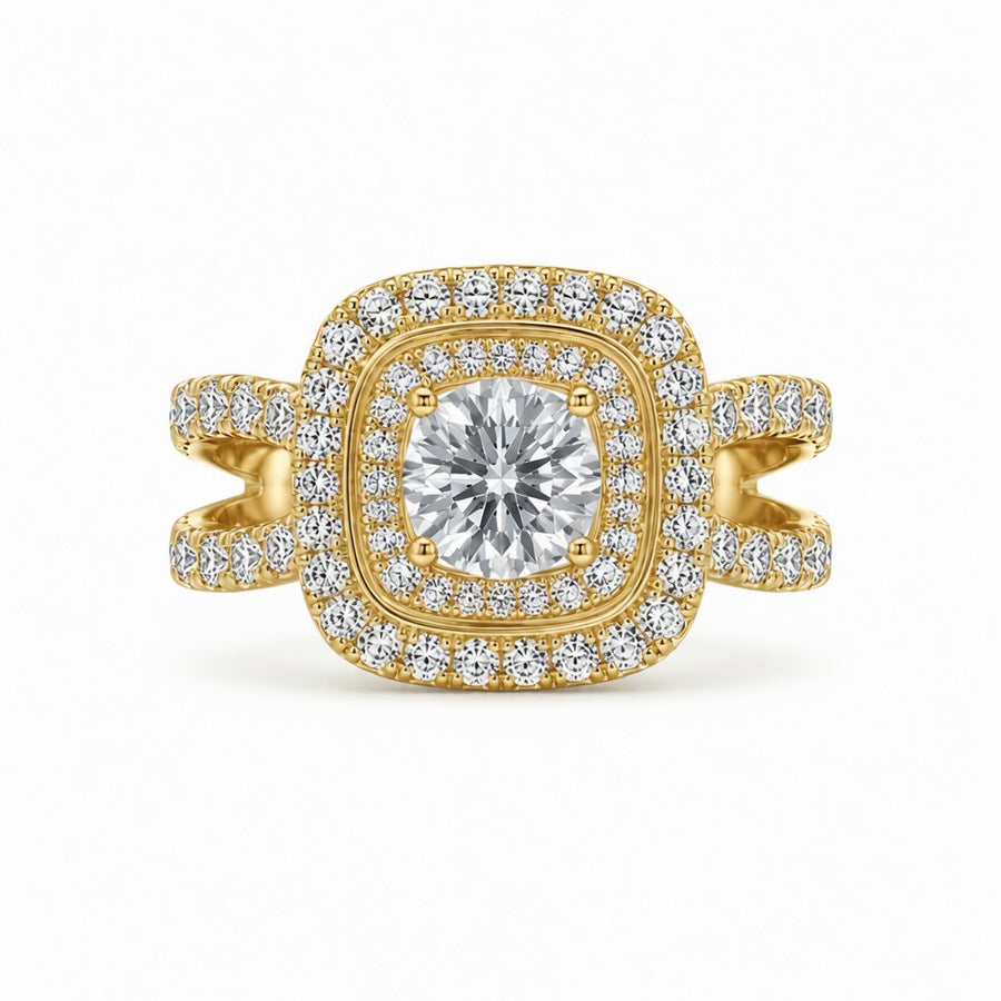 2.00 CT Round Cut Lab-Grown Diamond Double Halo Engagement Ring in 14K White Gold – Split Shank Bridal Design
