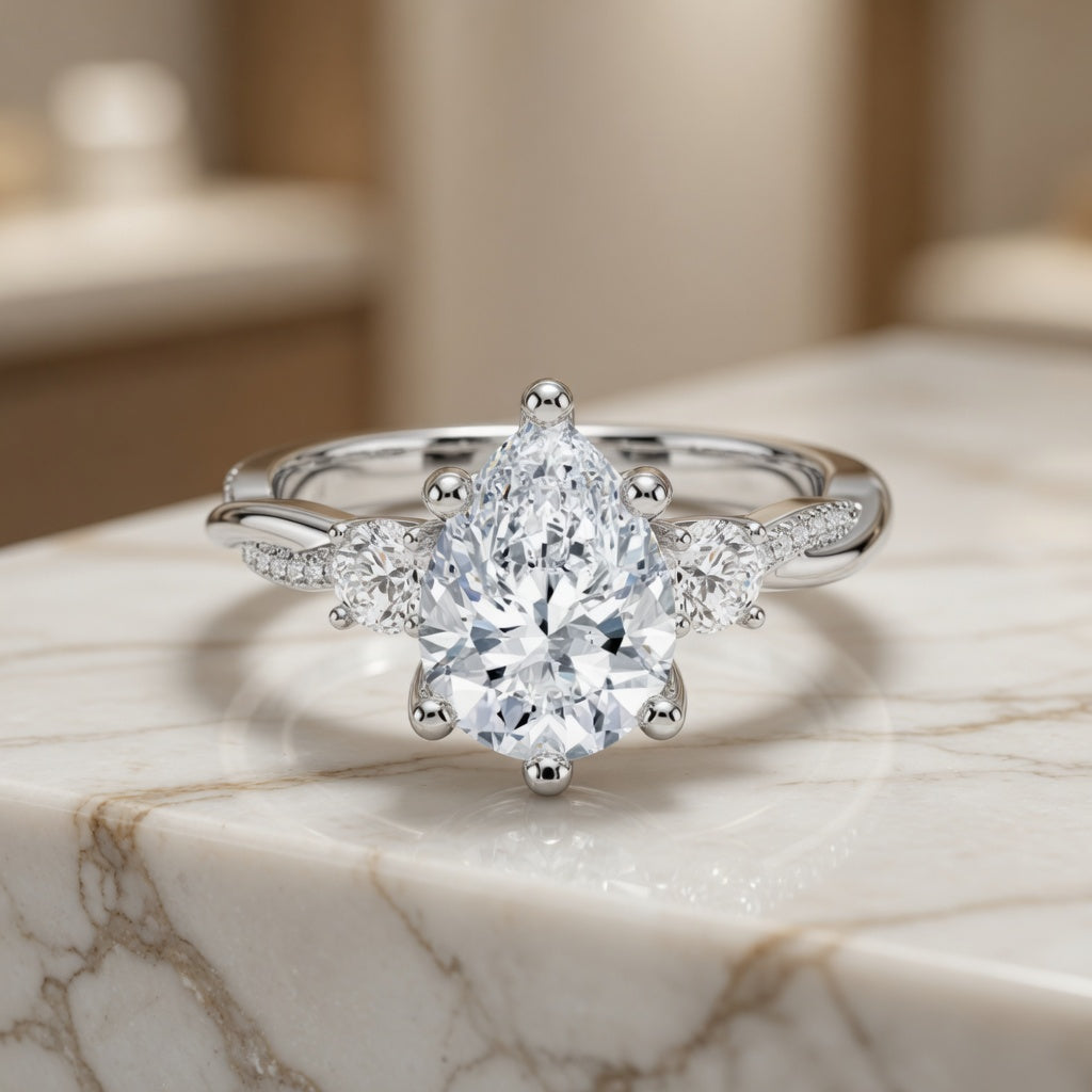 3.00 CT Pear Lab-Grown Diamond Hidden Halo Three Stone Engagement Ring in 14K White Gold – Petite Twisted Vine Design