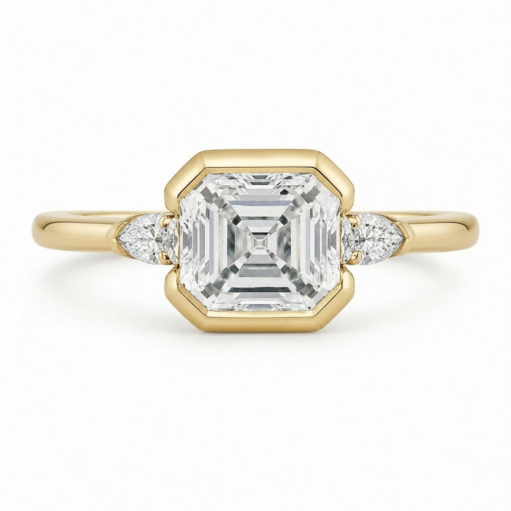 3.40 CT Asscher Cut Lab-Grown Diamond Engagement Ring in 14K White Gold – Marquise Accent Bezel Set Art Deco Design