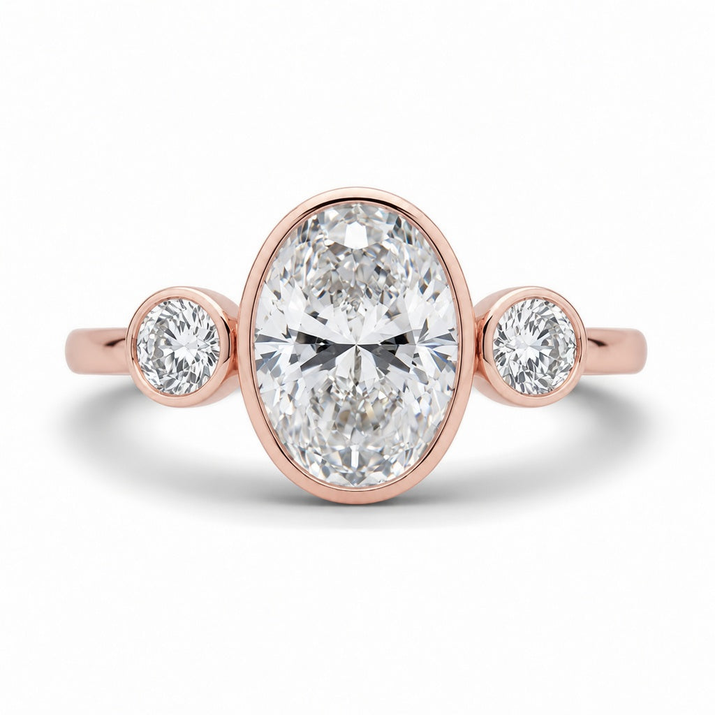 2.00 CT Oval Cut Lab-Grown Diamond Three-Stone Engagement Ring in 14K White Gold – Bezel Set Trilogy Design