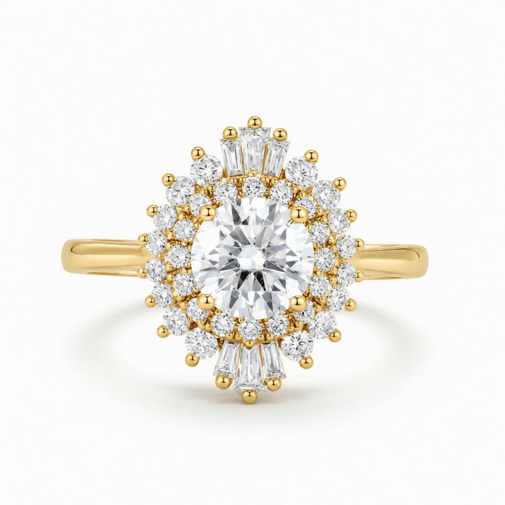 1.50 CT Vintage Round Lab-Grown Diamond Double Halo Engagement Ring in 14K White Gold – Art Deco Baguette Design
