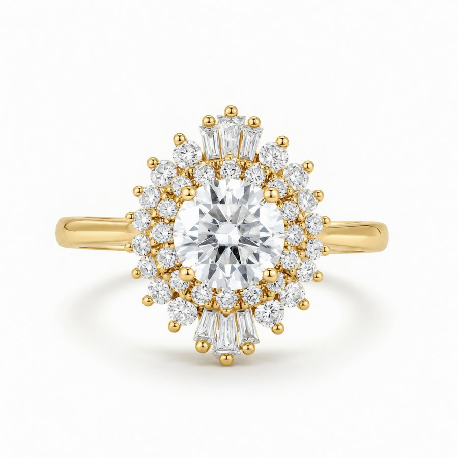 1.50 CT Vintage Round Lab-Grown Diamond Double Halo Engagement Ring in 14K White Gold – Art Deco Baguette Design