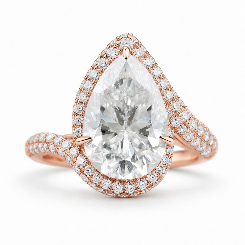 5.50 CT Pear Cut Lab-Grown Diamond Double Halo Engagement Ring in 14K White Gold – Bypass Bridal Design