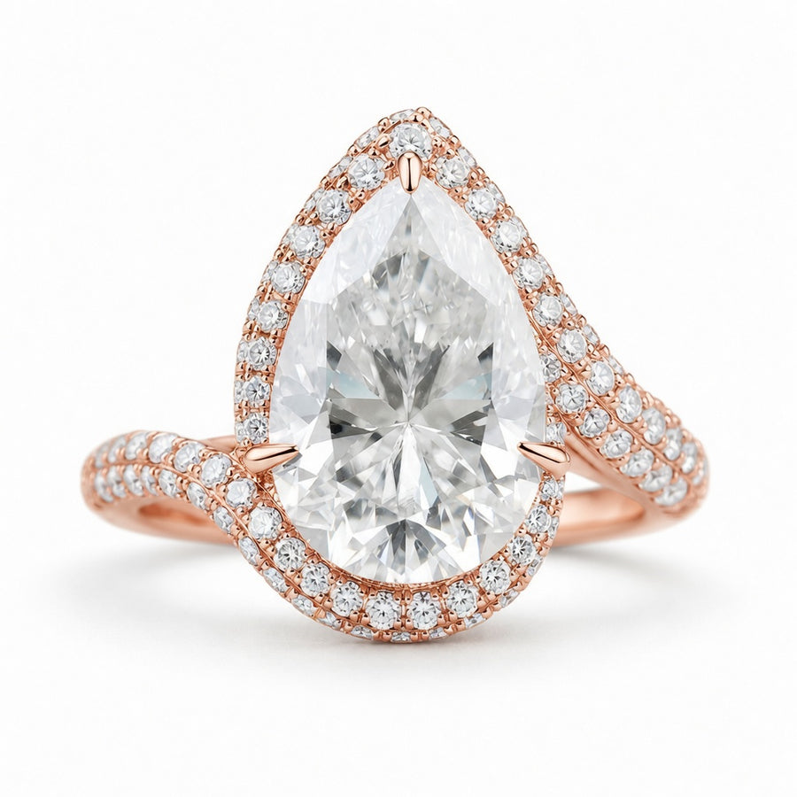 5.50 CT Pear Cut Lab-Grown Diamond Double Halo Engagement Ring in 14K White Gold – Bypass Bridal Design