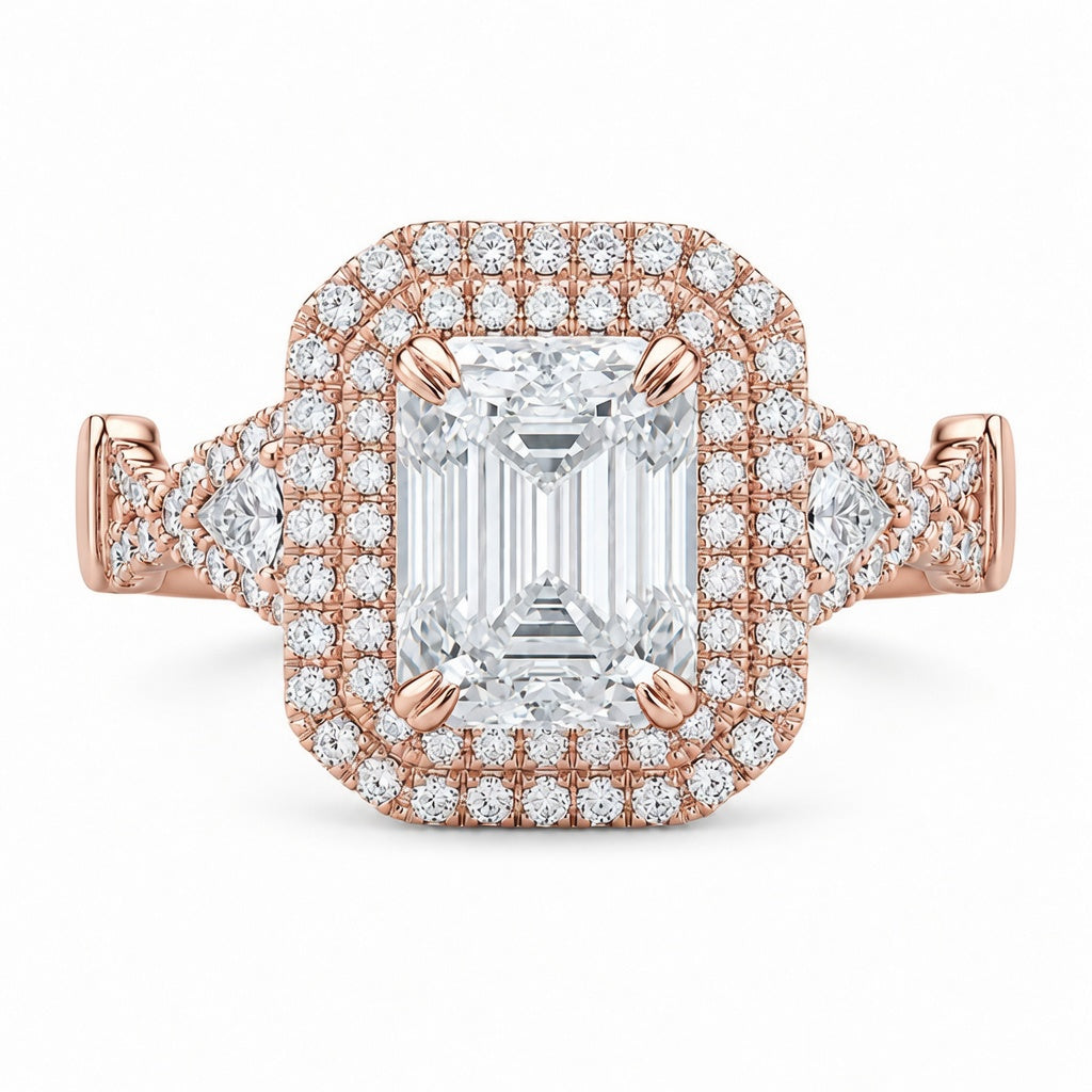 2.50 CT Emerald Cut Lab-Grown Diamond Double Halo Engagement Ring in 14K White Gold – Triangle Side Stone Twisted Shank Design