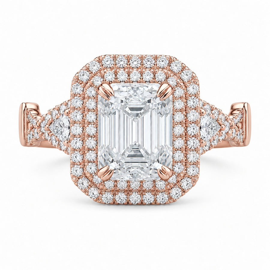 2.50 CT Emerald Cut Lab-Grown Diamond Double Halo Engagement Ring in 14K White Gold – Triangle Side Stone Twisted Shank Design
