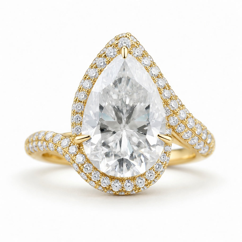 5.50 CT Pear Cut Lab-Grown Diamond Double Halo Engagement Ring in 14K White Gold – Bypass Bridal Design