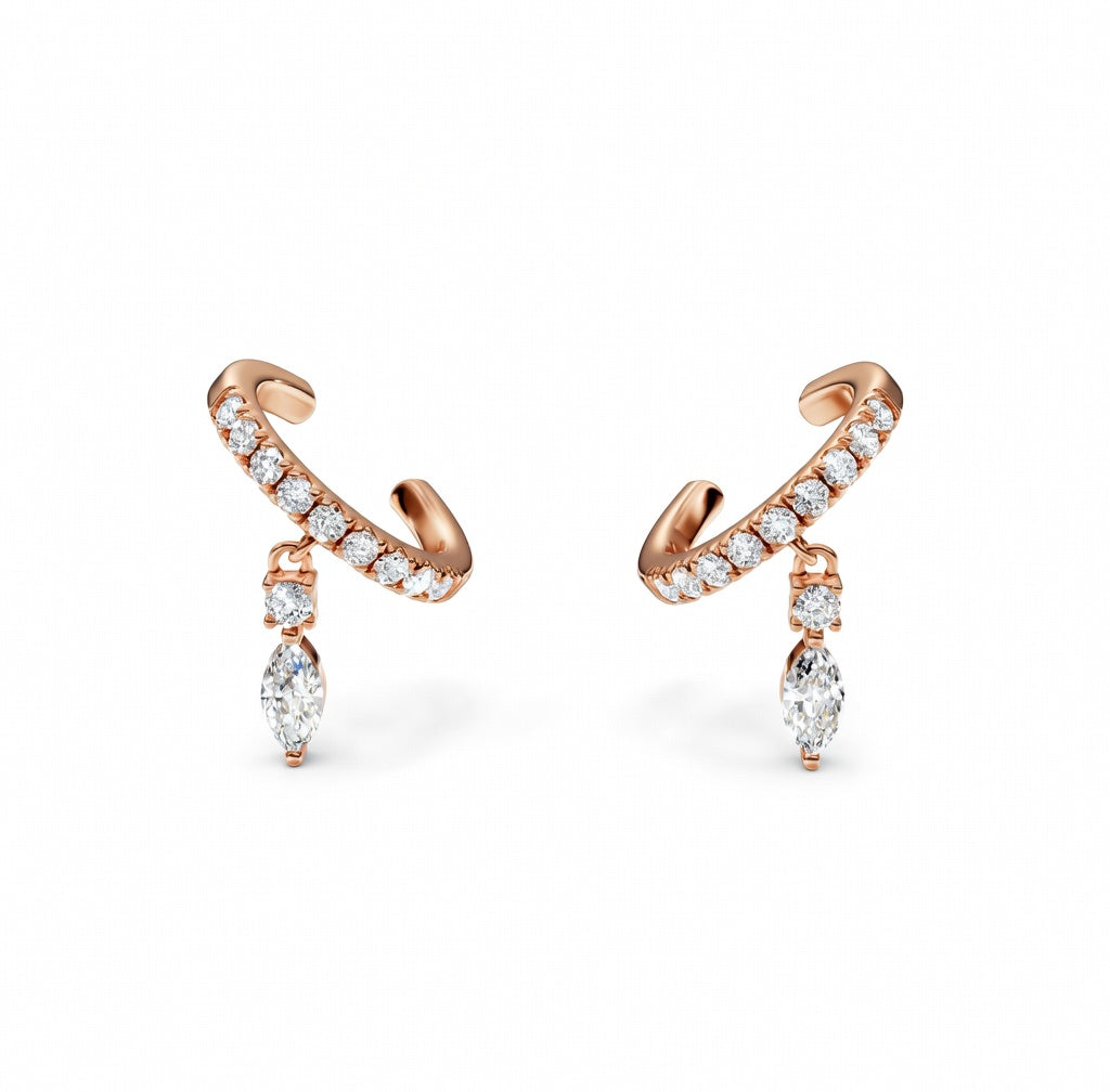 0.49 ct Pear Round Cut Cuff Pav Diamond Earrings VS1 D White Gold 14k