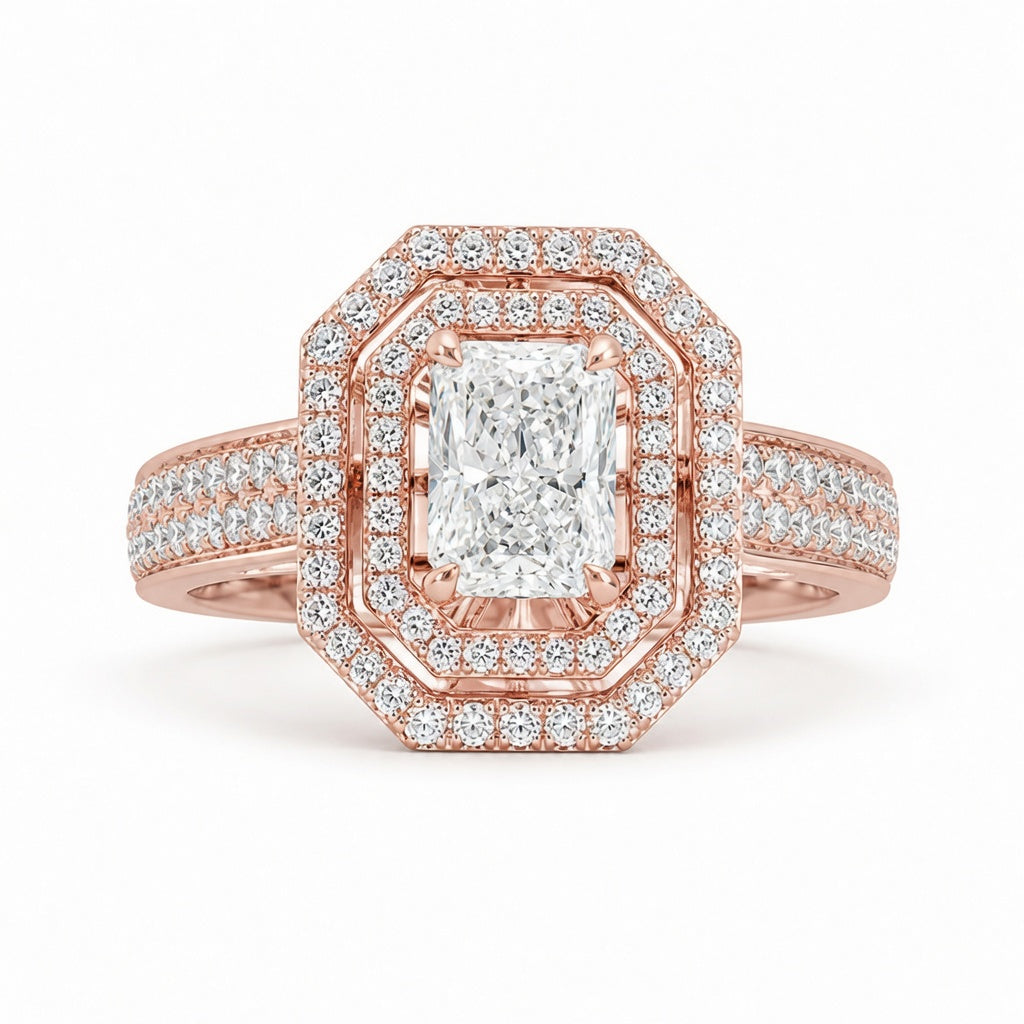 1.00 CT Radiant Cut Lab-Grown Diamond Double Halo Engagement Ring in 14K White Gold