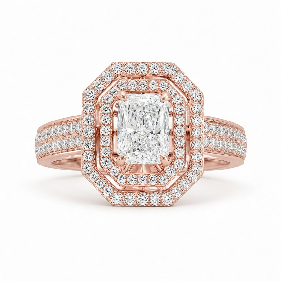 1.00 CT Radiant Cut Lab-Grown Diamond Double Halo Engagement Ring in 14K White Gold