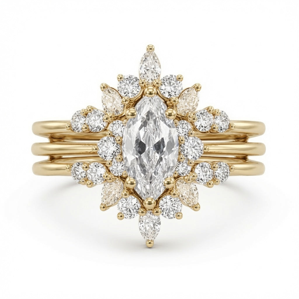 2.00 CT Marquise Lab-Grown Diamond Halo 2PCS Bridal Set in 14K White Gold – Vintage Enhancer Wedding Wrap Design