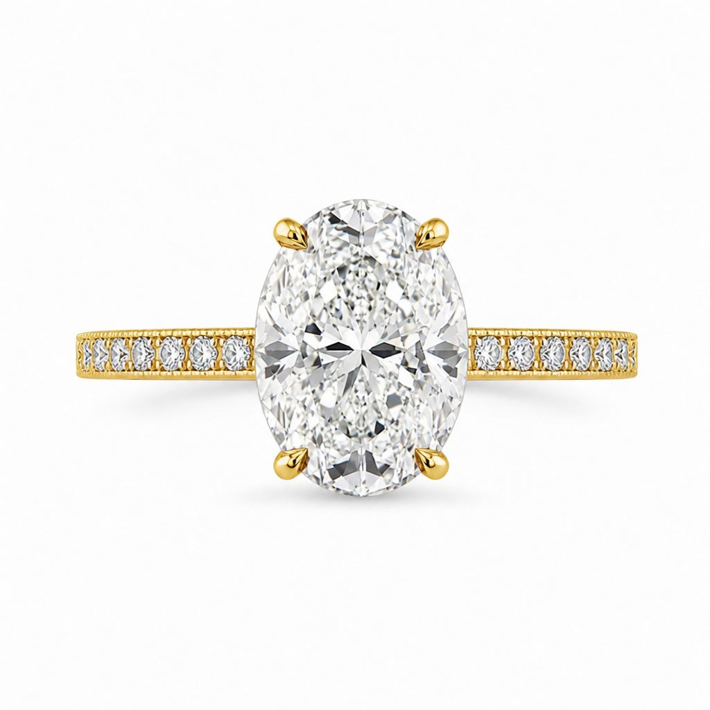 2.00 CT Oval Lab-Grown Diamond Vintage Engagement Ring in 14K White Gold – Hand-Engraved Art Deco Hidden Halo Design