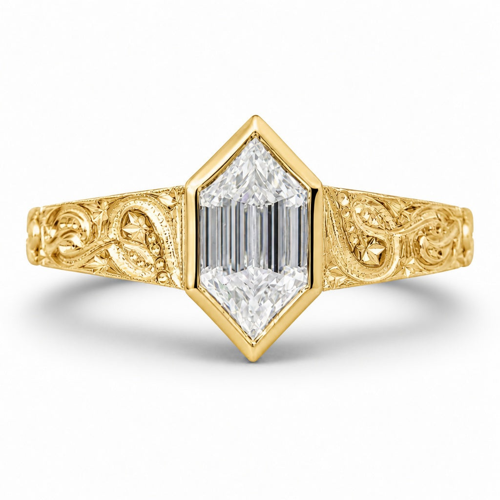 2.00 CT Hexagon Cut Lab-Grown Diamond Engagement Ring in 14K White Gold – Art Deco Hand-Engraved Bezel Design
